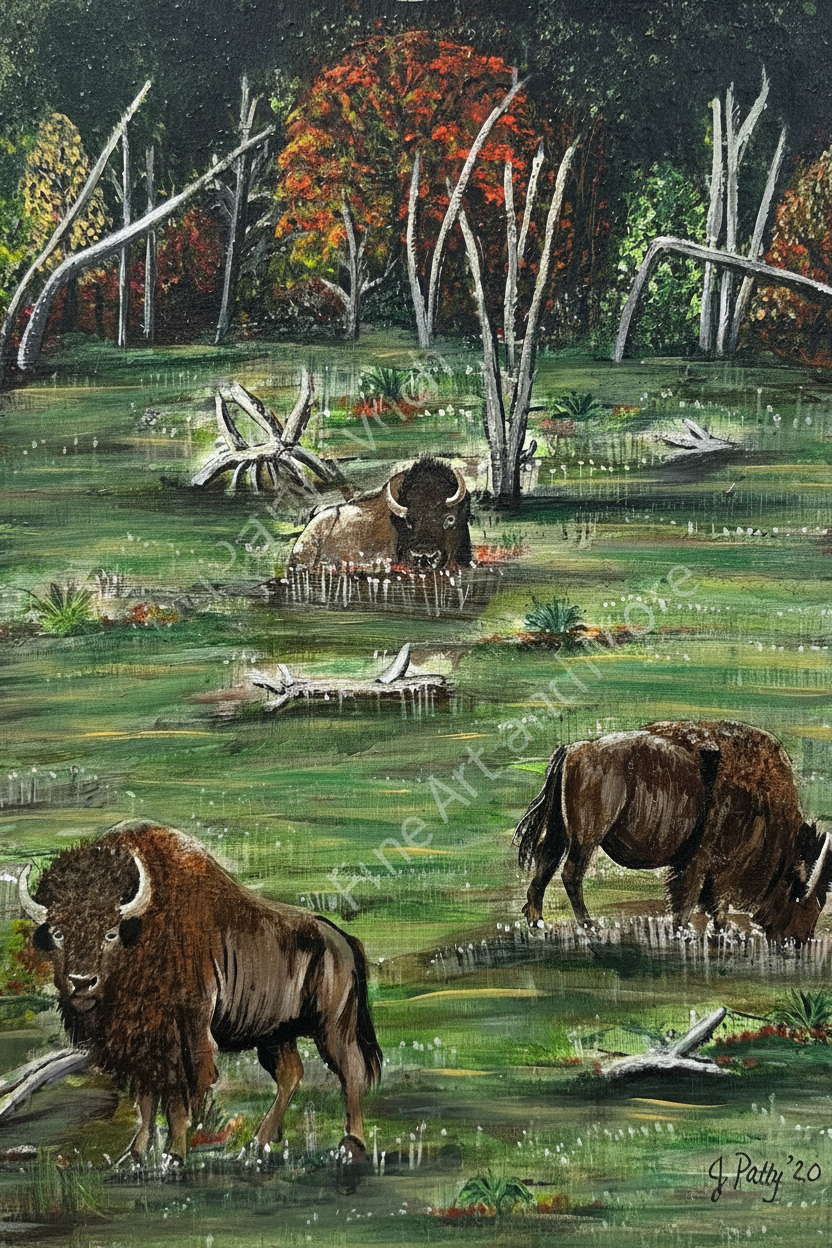 Original Acrylic - 12x14" - Wood - Buffalos Roaming