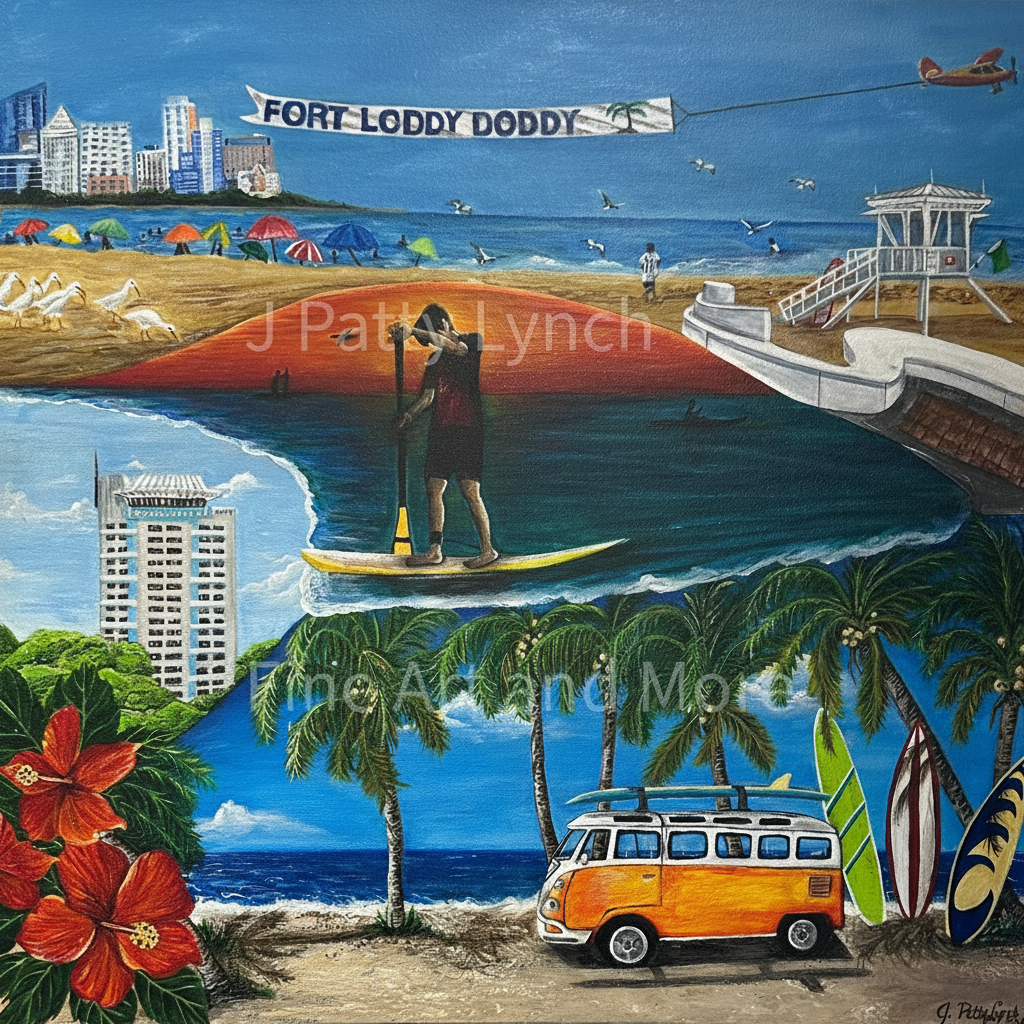 Surreal beach scene with a surfer, van, and palm trees, featuring 'Fort Loddy Doddy' banner.