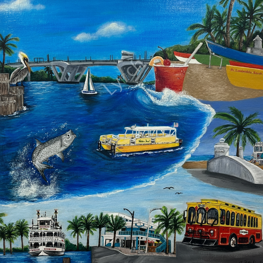 Colorful painting of a coastal scene with boats, a pelican, and a trolley.