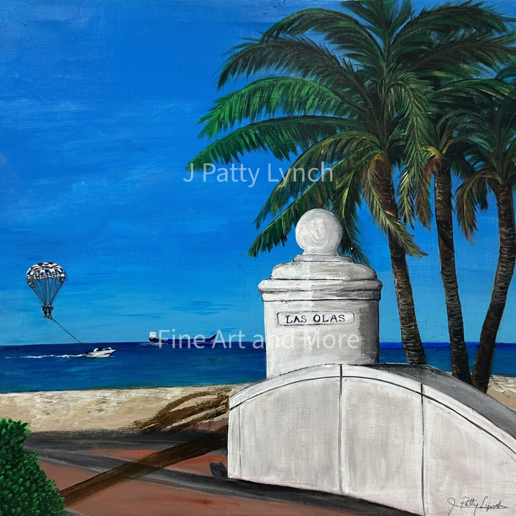 Artistic depiction of a coastal scene with palm trees, a sign reading 'Las Olas', and a parasail in the sky.