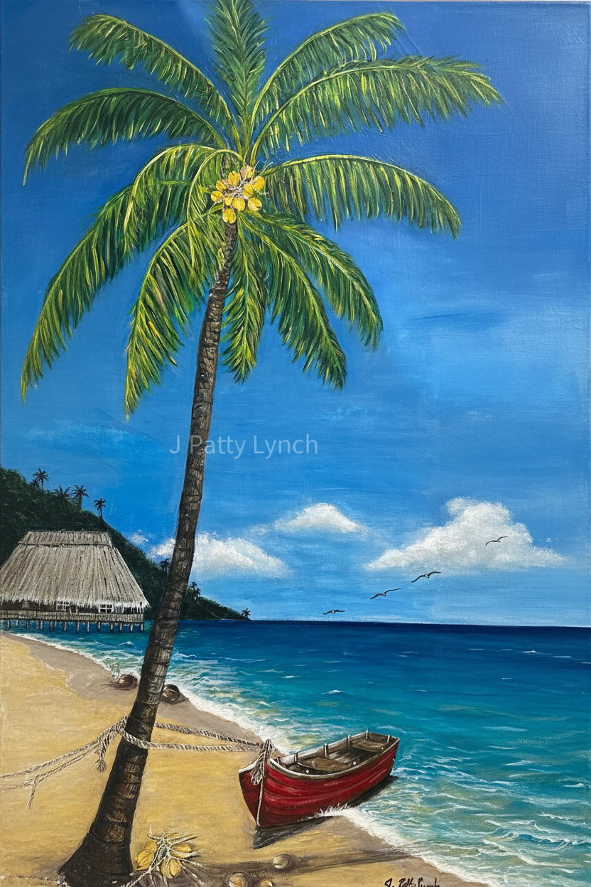Original Acrylic - 12x40" -  Canvas - Red Boat on the Roatan Shore