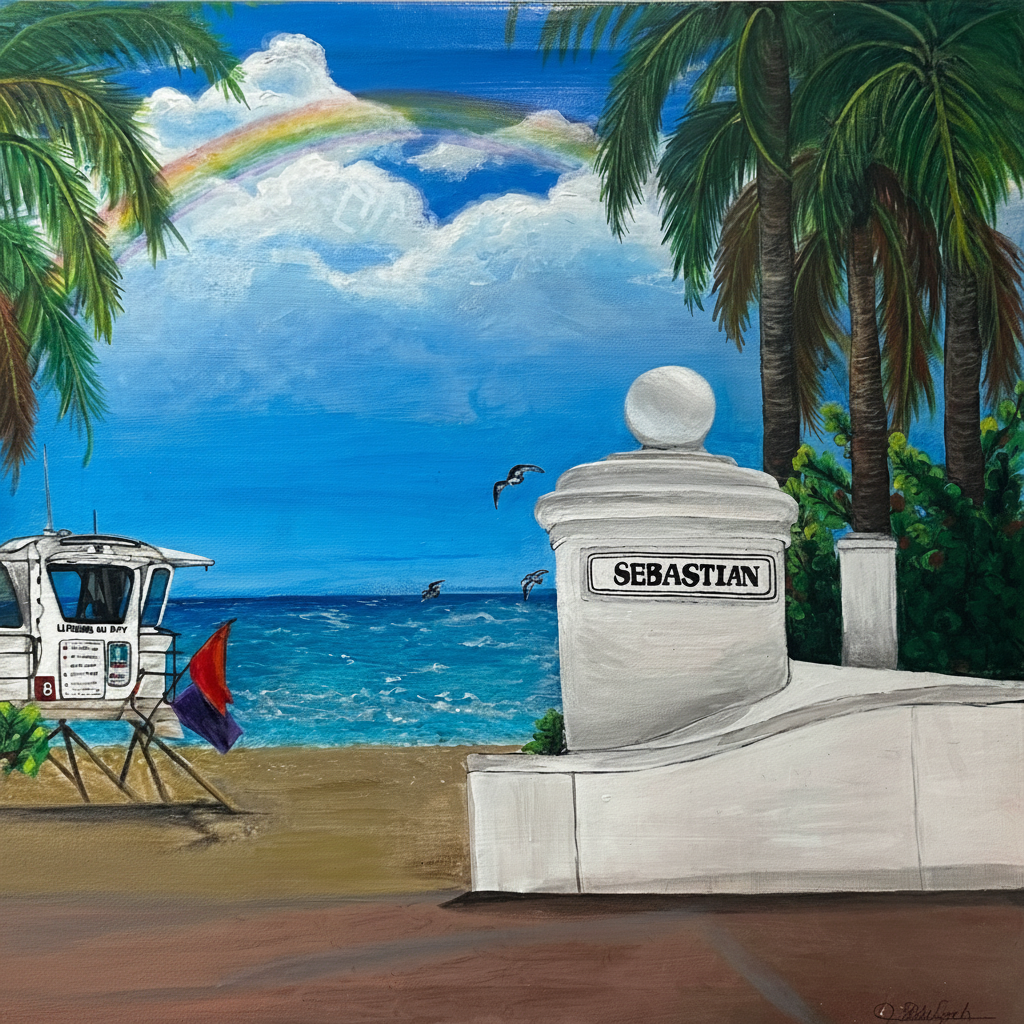 Artistic depiction of a coastal scene with a rainbow, palm trees, and a Sebastian sign.
