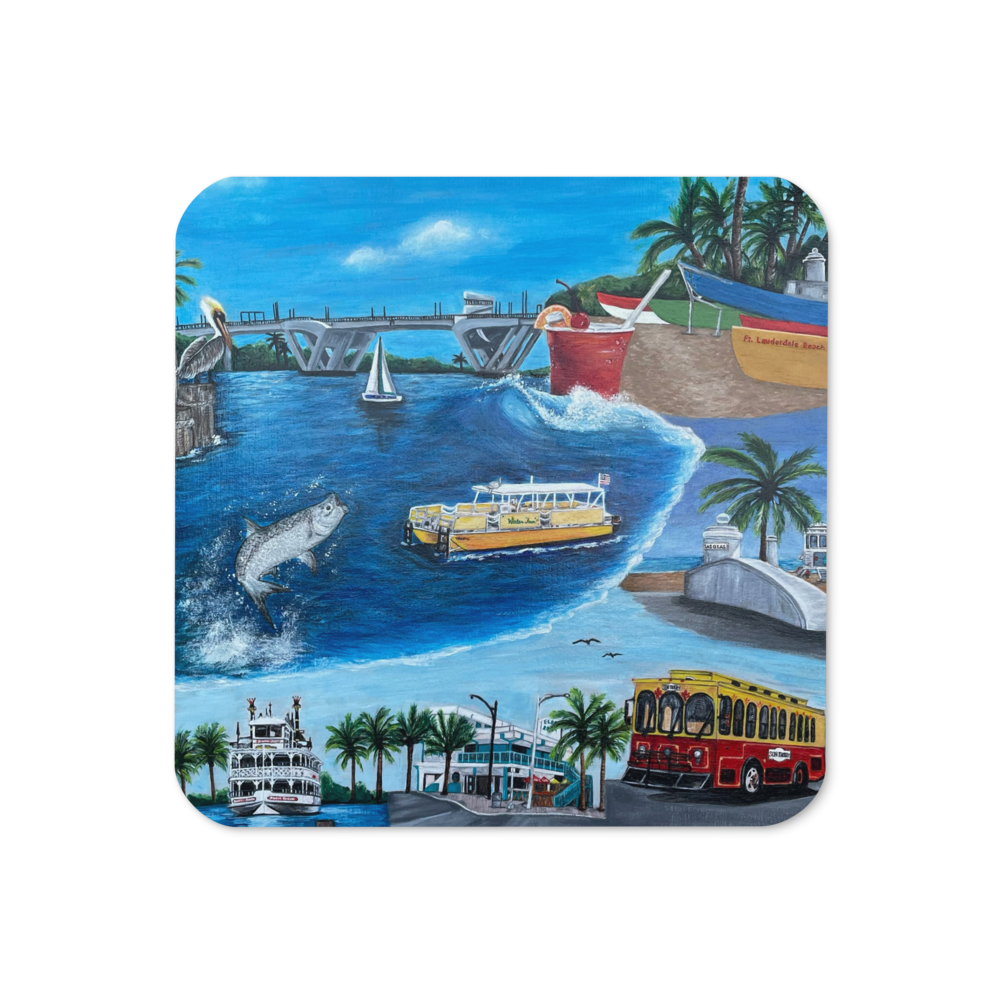 Cork-back coaster - Fort Lauderdale Mural of City Icons 2