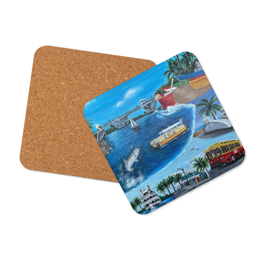 Cork-back coaster - Fort Lauderdale Mural of City Icons 2