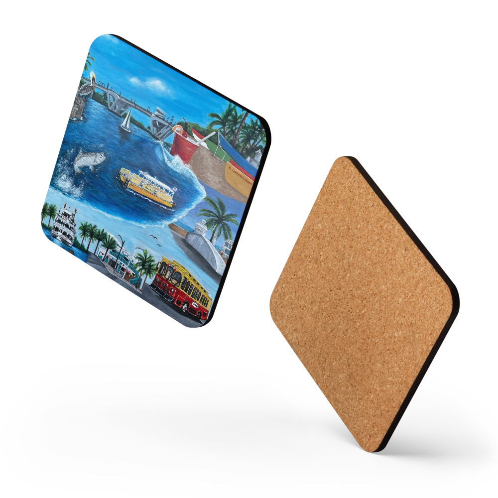 Cork-back coaster - Fort Lauderdale Mural of City Icons 2