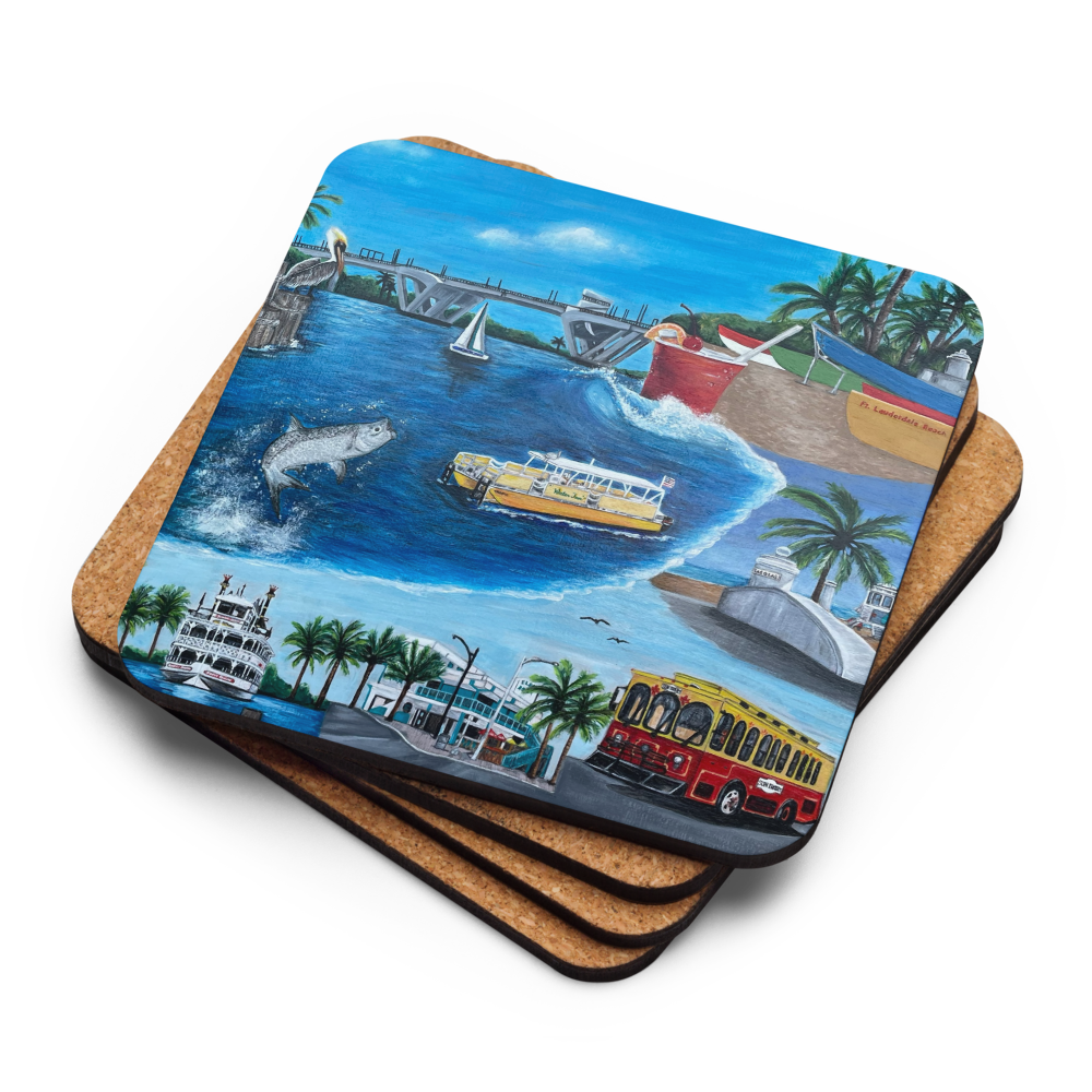 Cork-back coaster - Fort Lauderdale Mural of City Icons 2