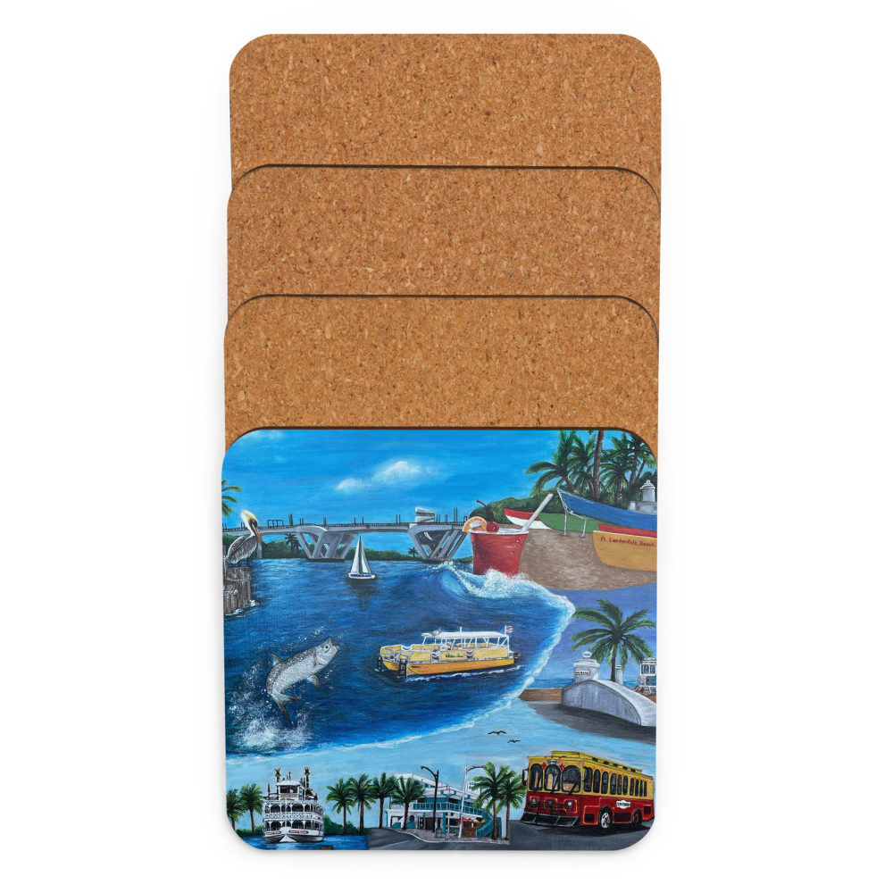 Cork-back coaster - Fort Lauderdale Mural of City Icons 2