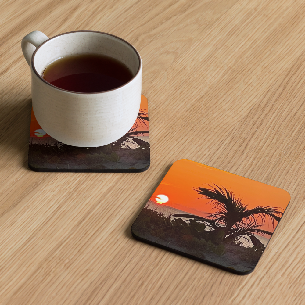 Cork-back coaster - Sunrise w a Baby Coconut Tree