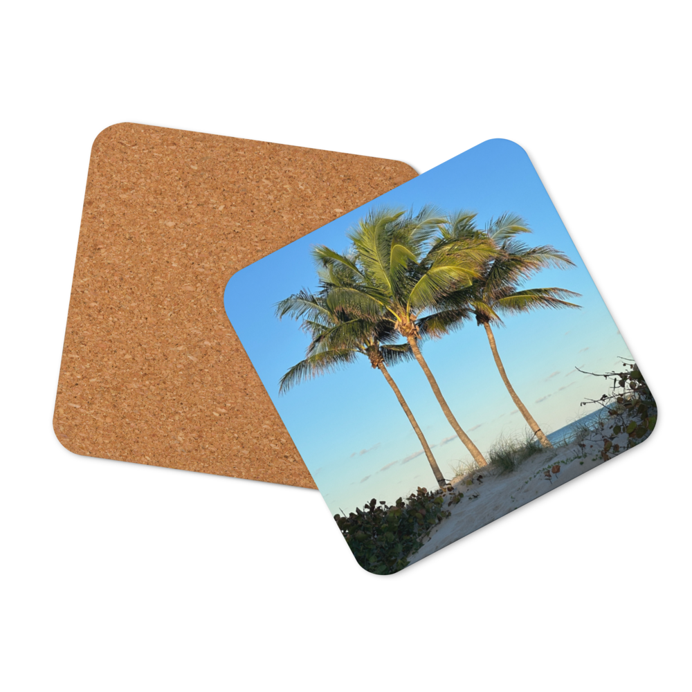 Cork-back coaster - 3 Coconut Palms- Early Morning Light at the Beach