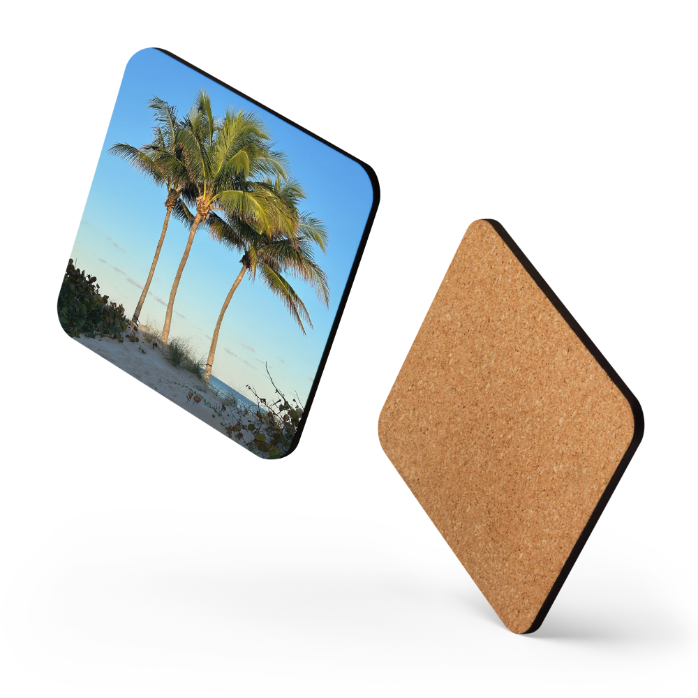 Cork-back coaster - 3 Coconut Palms- Early Morning Light at the Beach