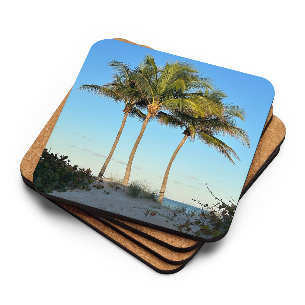 Cork-back coaster - 3 Coconut Palms- Early Morning Light at the Beach