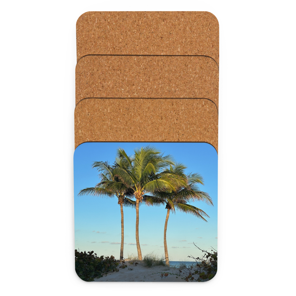 Cork-back coaster - 3 Coconut Palms- Early Morning Light at the Beach