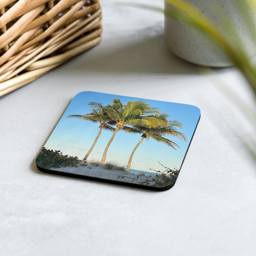 Cork-back coaster - 3 Coconut Palms- Early Morning Light at the Beach