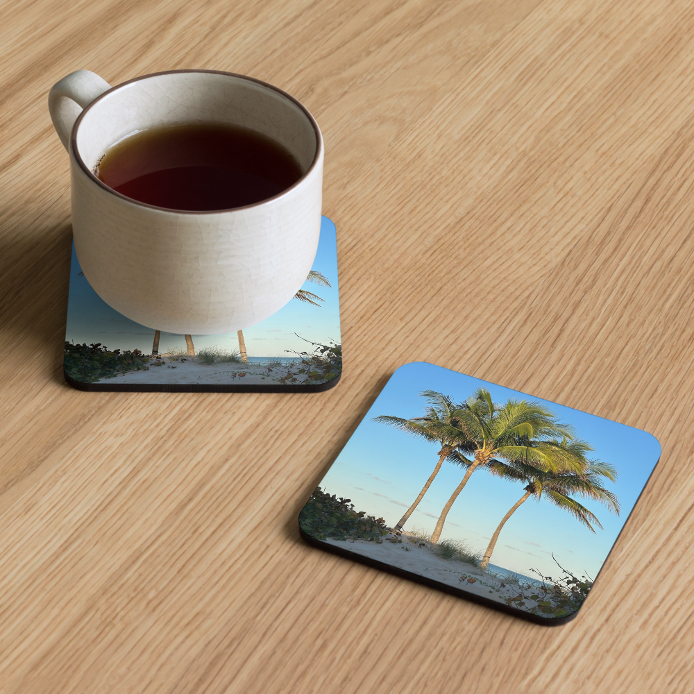 Cork-back coaster - 3 Coconut Palms- Early Morning Light at the Beach