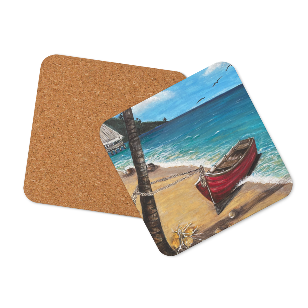 Cork-back coaster - Red Boat in Roatan