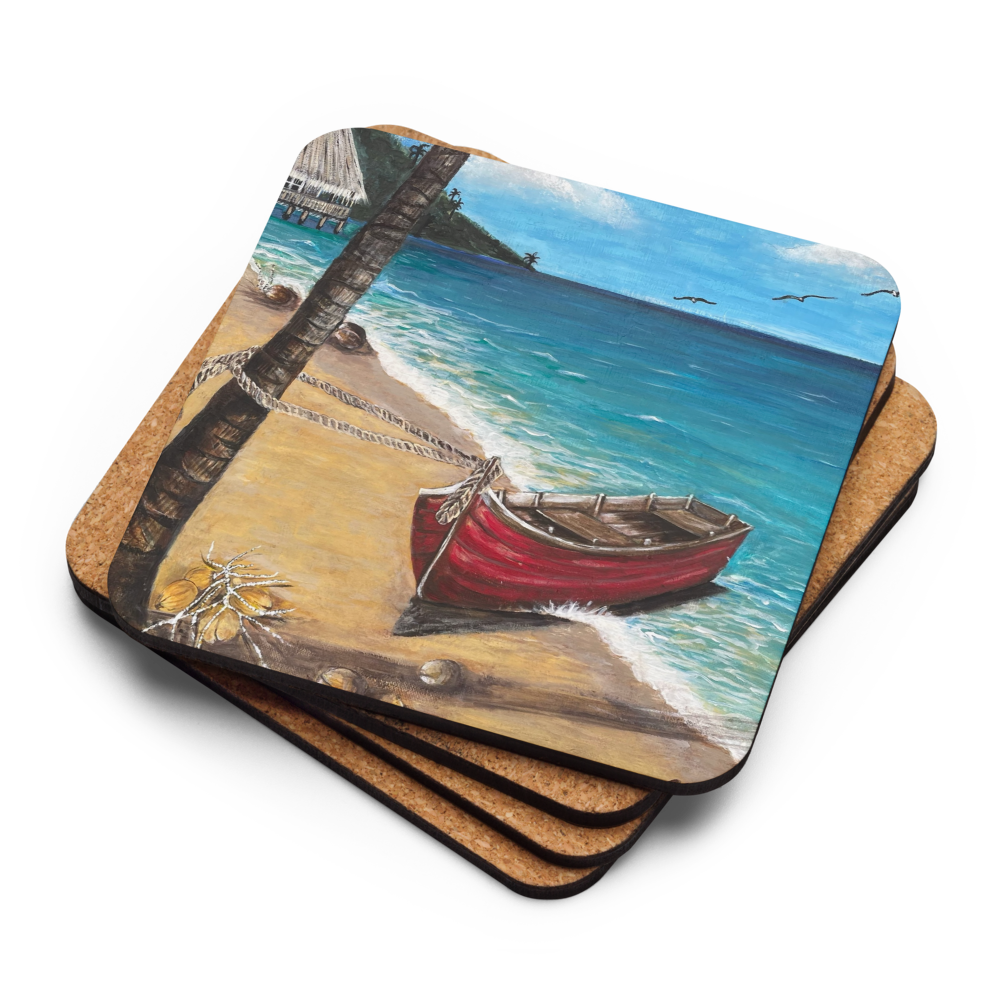 Cork-back coaster - Red Boat in Roatan