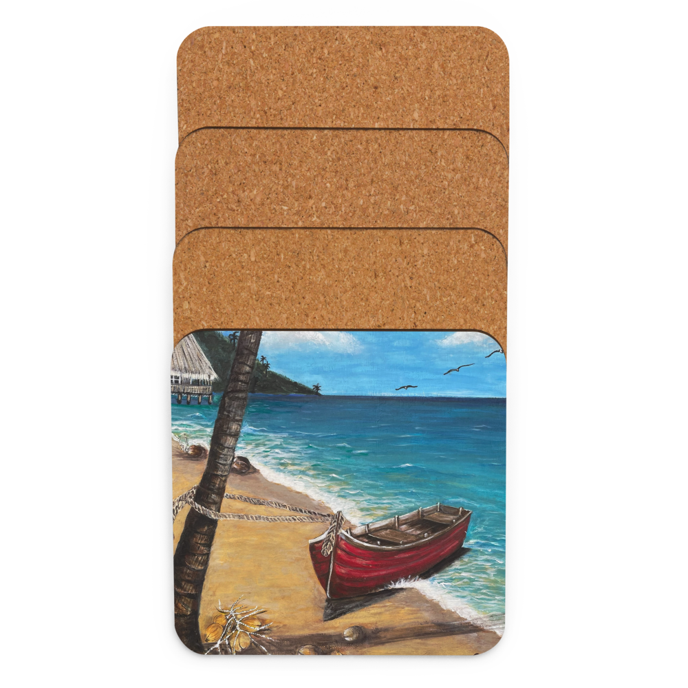 Cork-back coaster - Red Boat in Roatan