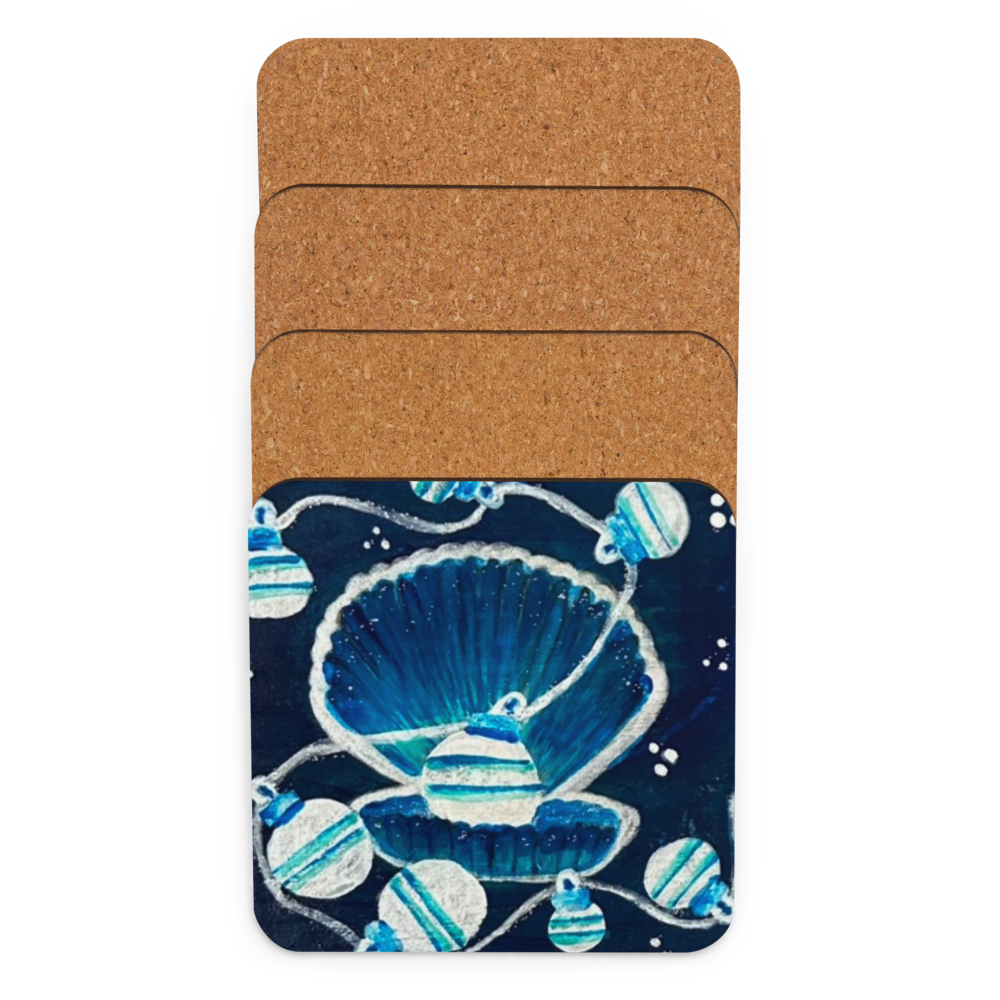 Cork-back coaster - Christmas Clam w Ornaments