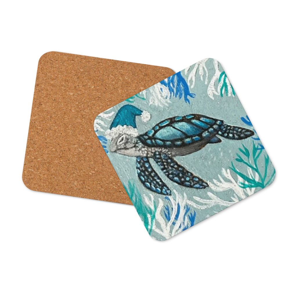 Cork-back coaster - Christmas Turtle w a Hat