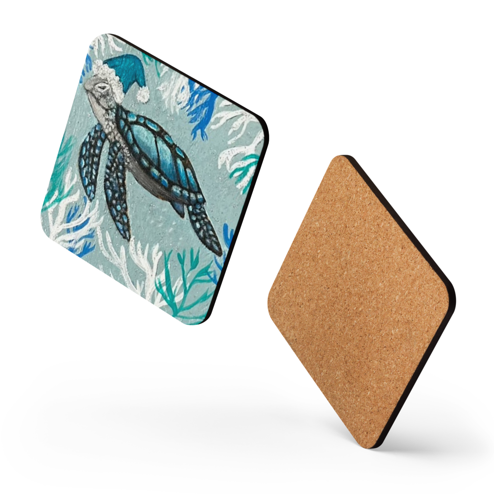 Cork-back coaster - Christmas Turtle w a Hat