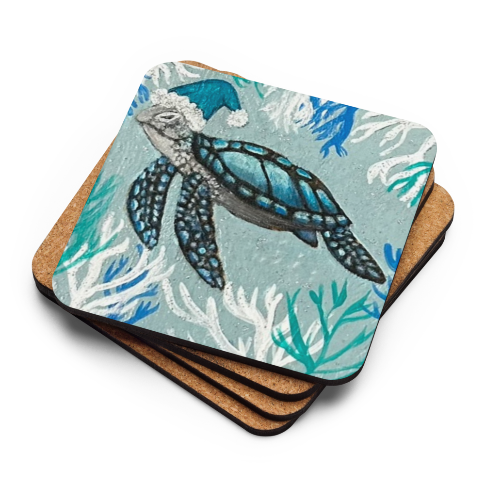 Cork-back coaster - Christmas Turtle w a Hat