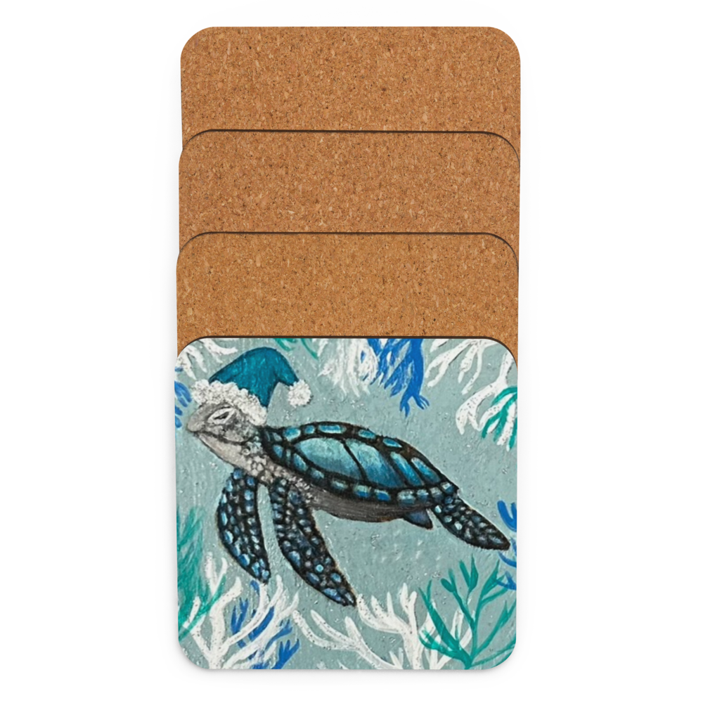 Cork-back coaster - Christmas Turtle w a Hat