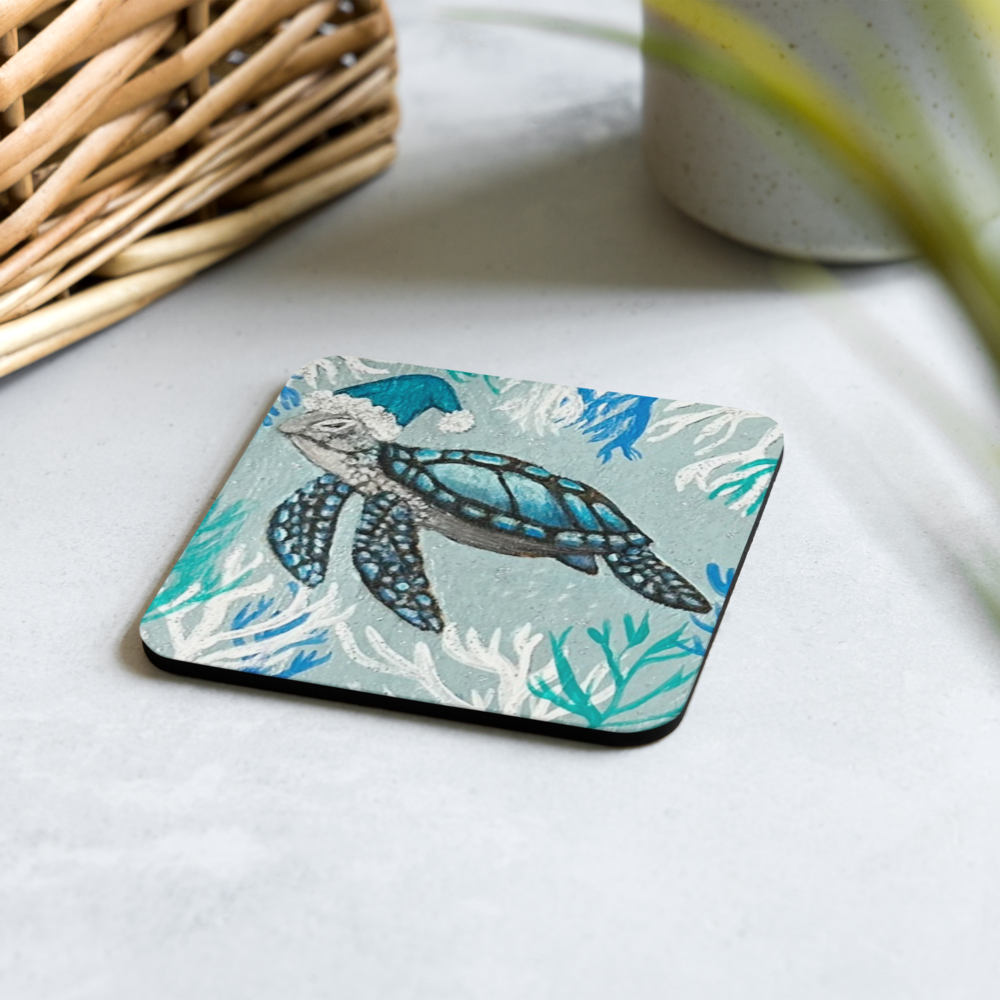 Cork-back coaster - Christmas Turtle w a Hat