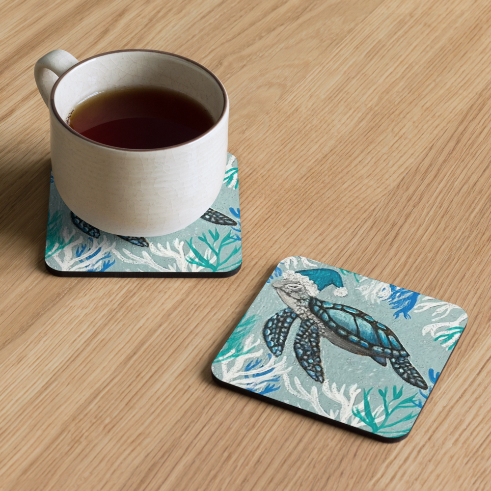 Cork-back coaster - Christmas Turtle w a Hat